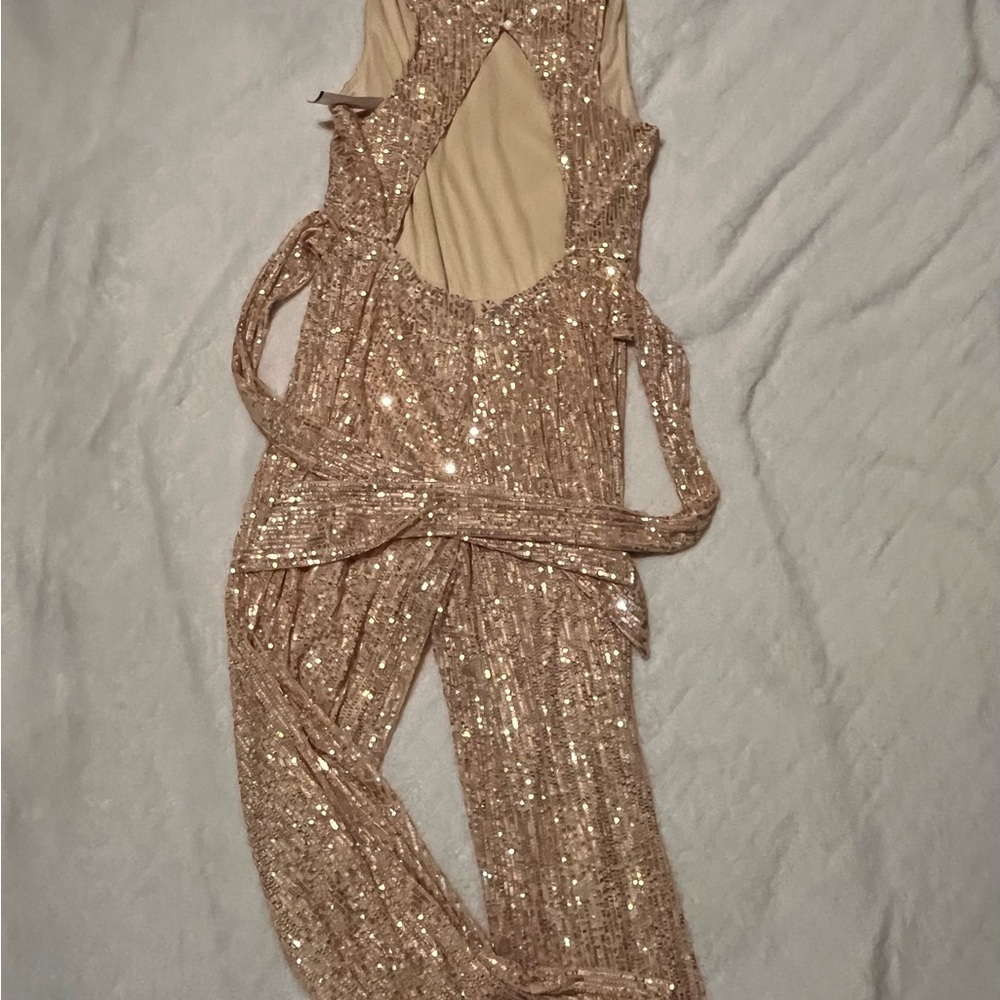 Ladies lined Jumpsuit Bronze color flare legs w/ tie sash - Picture 12 of 15